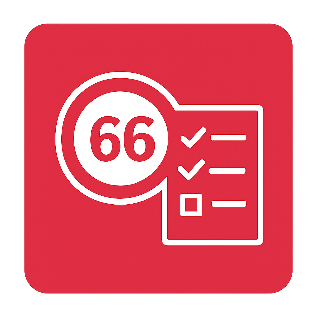 A badge depicting guidelines for 66 Lottery participants.